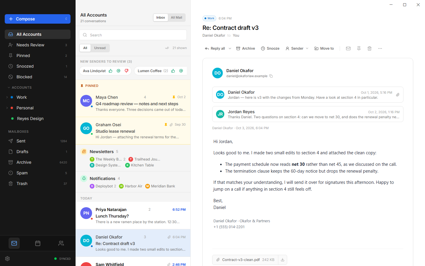 Flux Mail's inbox: three accounts in the sidebar, a message list with pinned mail and new senders to review, and an open conversation in the reading pane.